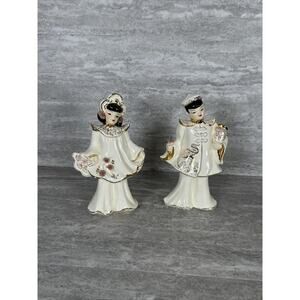 Florence Ceramics 1950's Asian Couple Blossom Girl & Lantern Boy 8 1/2"